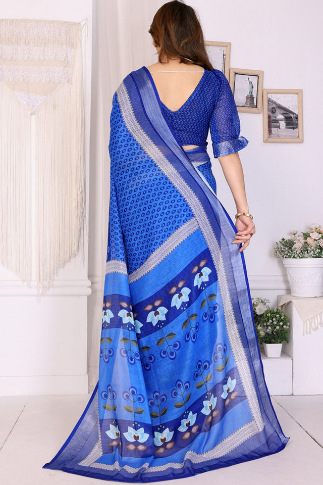 Blue Abstract Printed Linen Saree (LILEN-08BLUE)
