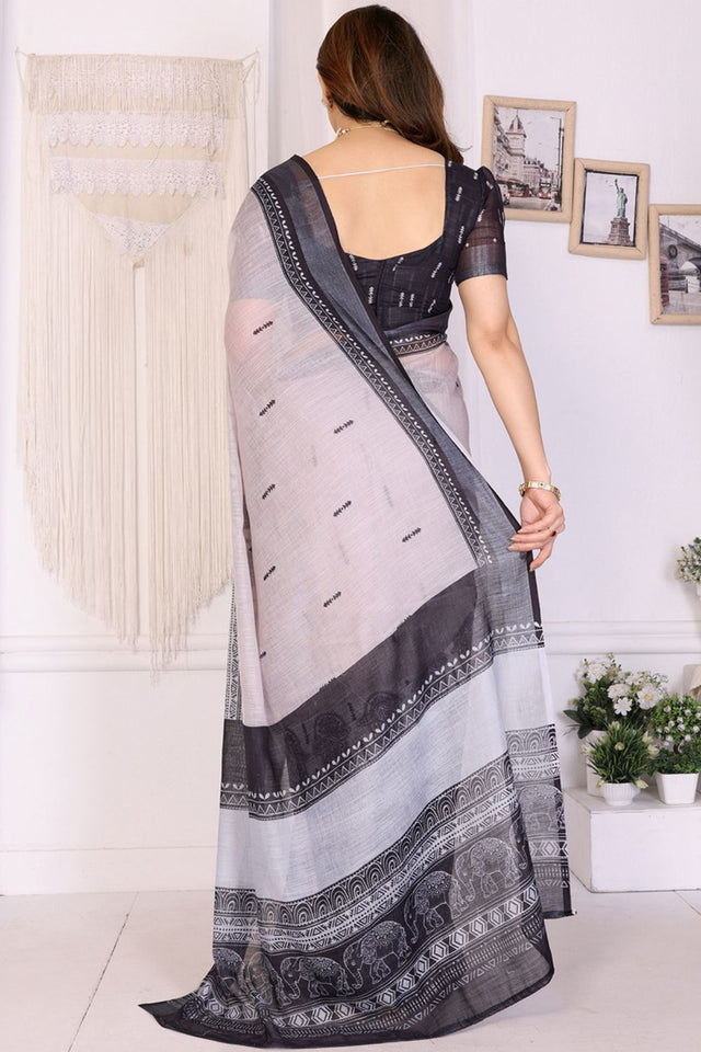 White Abstract Printed Linen Saree (LILEN-09WHITE)