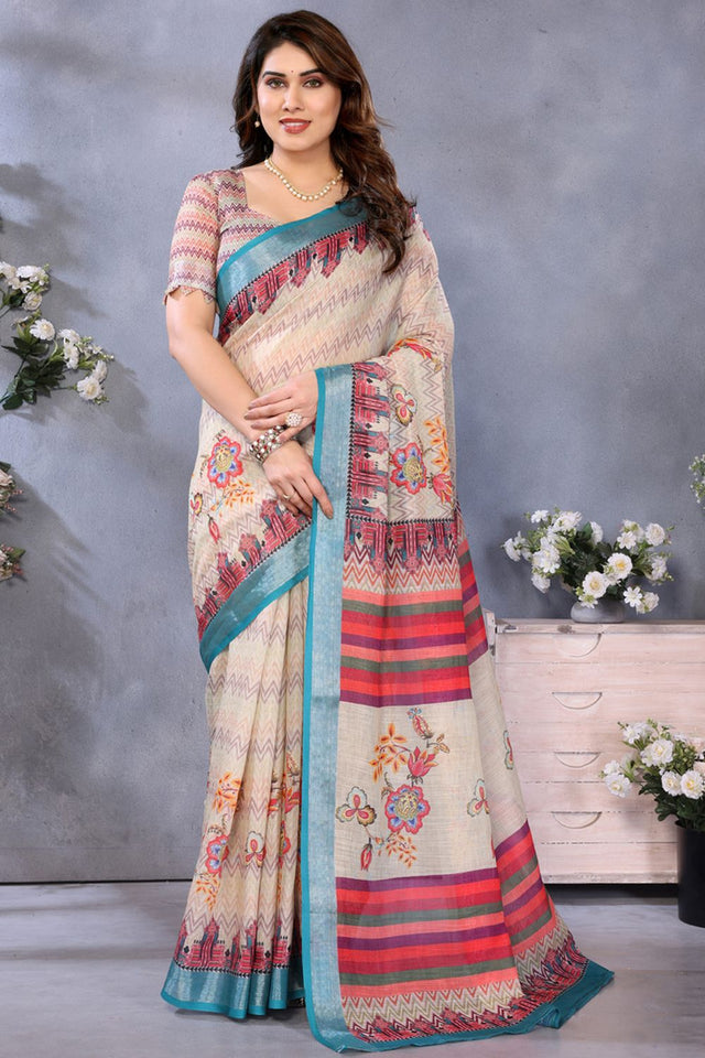 Cream Printed Linen Saree (LILEN1-CREAM)