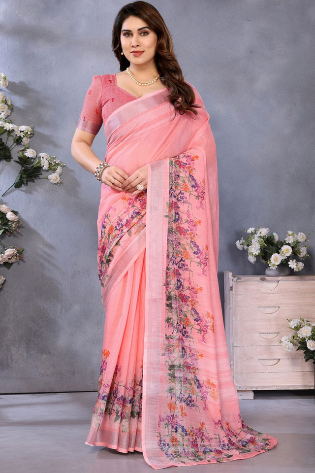 Peach Printed Linen Saree (LILEN1-PEACH)