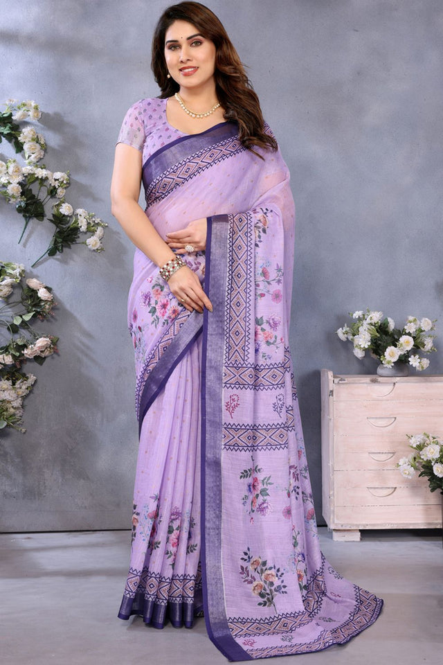 Lavender Printed Linen Saree (LILEN1-PURPLE)
