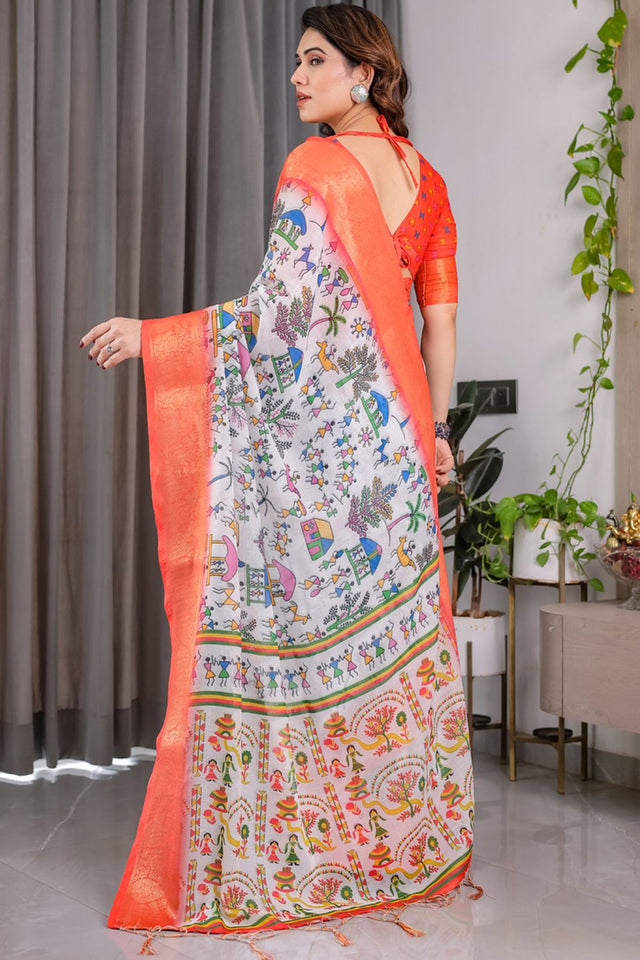 Multi Color Printed Linen Saree (LJ1-PEACH)