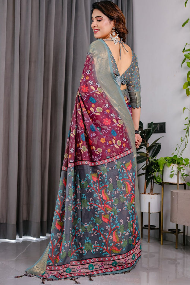 Purple Floral Printed Linen Saree (LJ14-PURPLE)