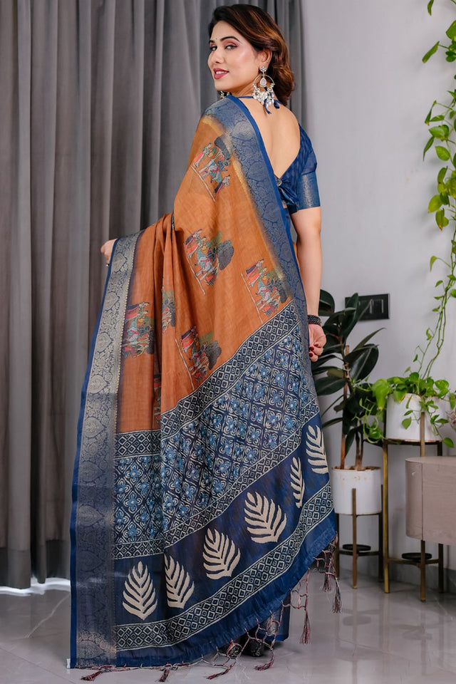 Brown Printed Linen Saree (LJ15-BROWN)