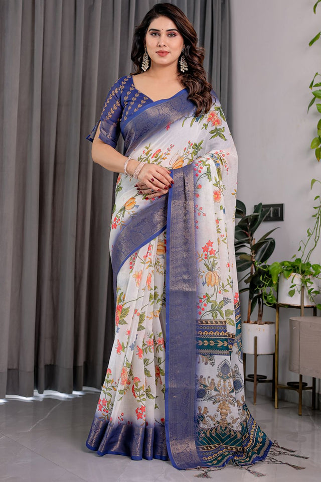 White Printed Linen Saree (LJ17-WHITE)