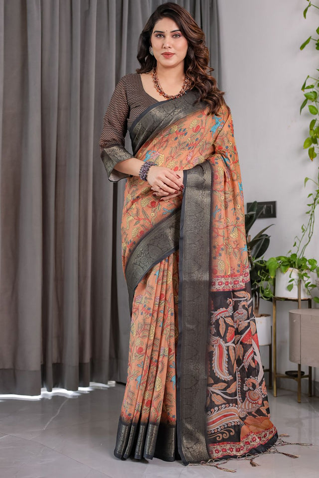 Brown Printed Linen Saree (LJ19-BROWN)