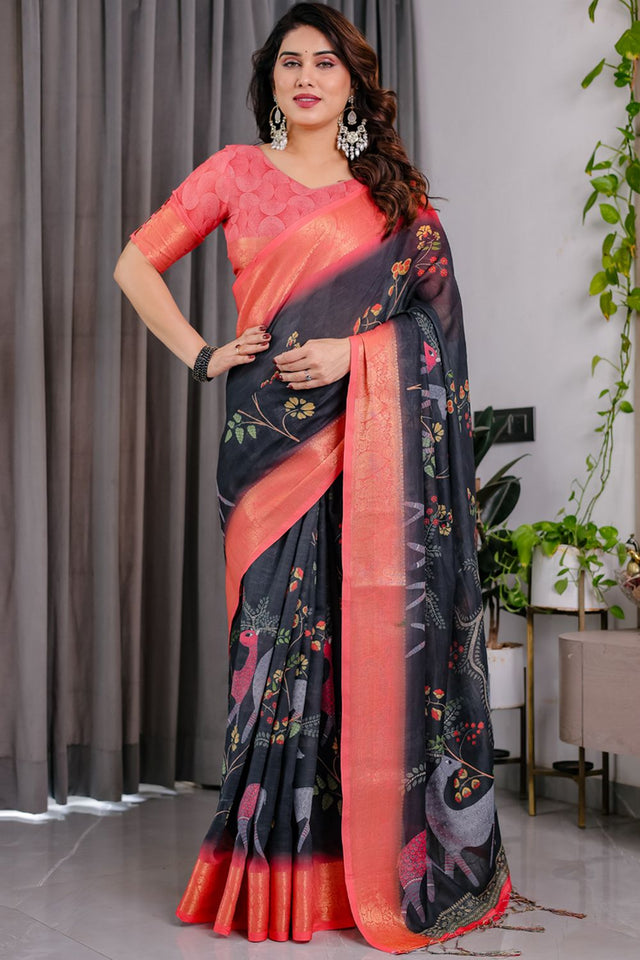 Black Printed Linen Saree (LJ2-BLACK)