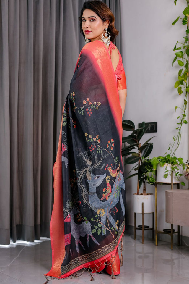 Black Printed Linen Saree (LJ2-BLACK)