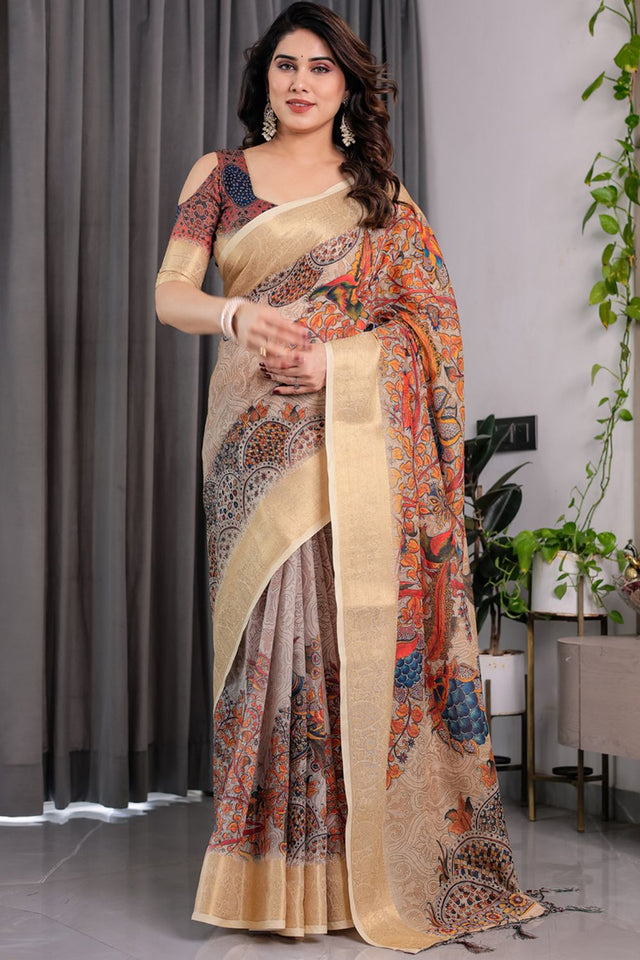 Cream Printed Linen Saree (LJ20-CREAM)