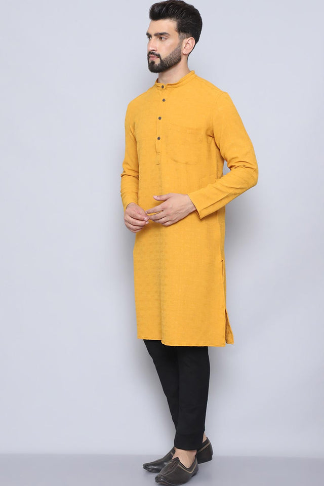 Men's Yellow Cotton Solid Long Kurta (LK-BF1287-SFB)