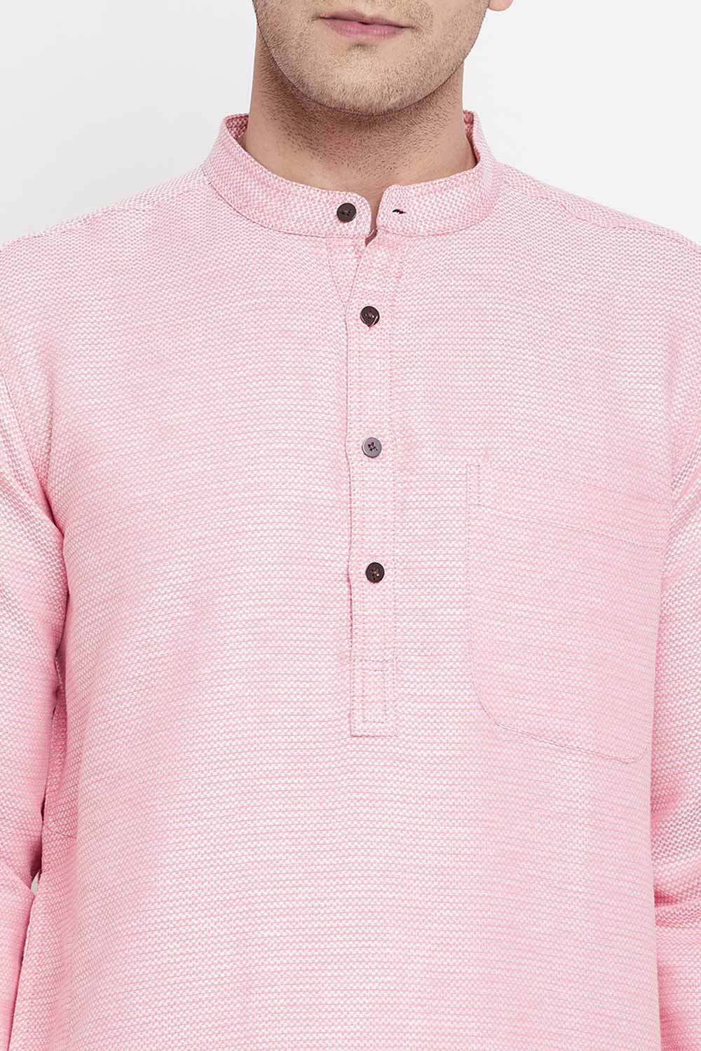 Men's Pure Cotton Stripe Printed Long Kurta Top In Light Orange Pink