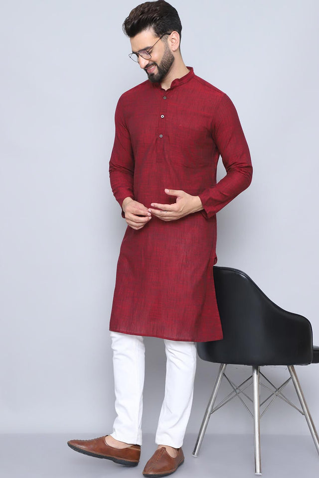 Men's Maroon Cotton Solid Long Kurta - XL