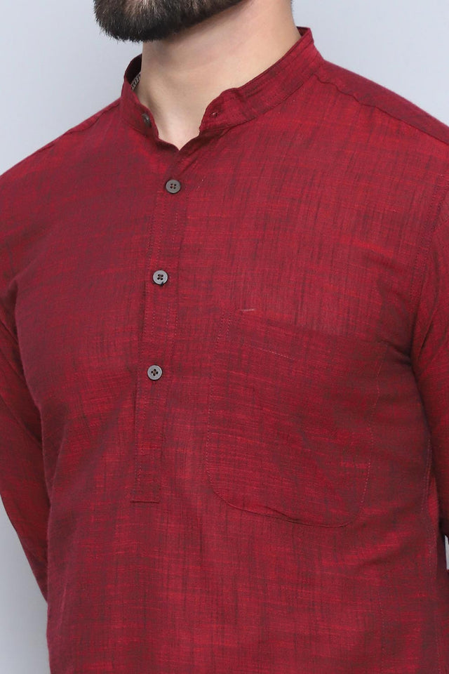 Men's Maroon Cotton Solid Long Kurta - XL