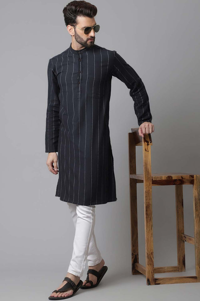 Men's Black Cotton Stripes Long Kurta - XS