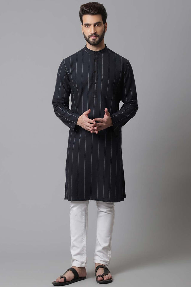 Men's Black Cotton Stripes Long Kurta - XS