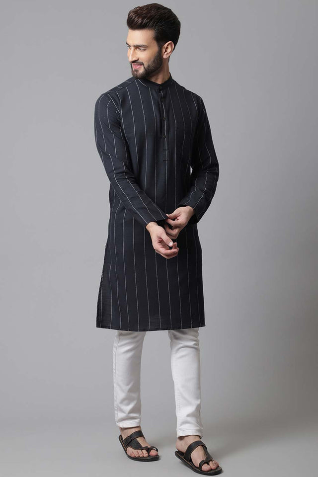 Men's Black Cotton Stripes Long Kurta - XS