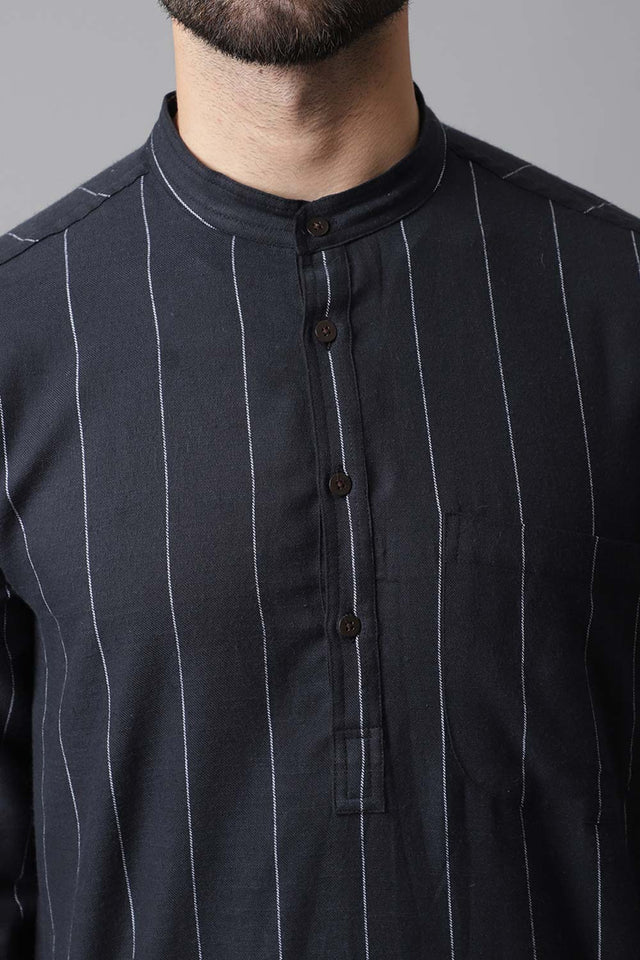Men's Black Cotton Stripes Long Kurta - XS