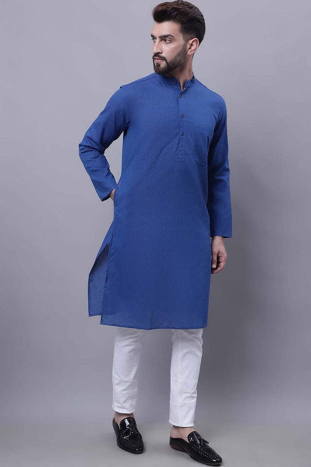 Men's Blue Cotton Striped Long Kurta Top - XS