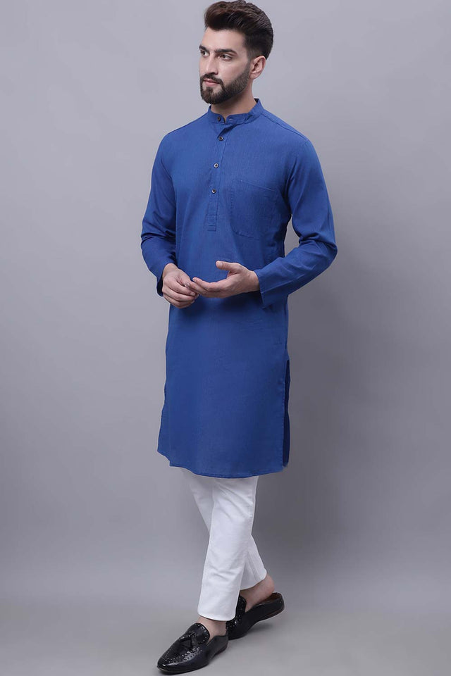 Men's Blue Cotton Striped Long Kurta Top - XS