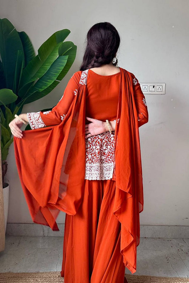 Rust Floral Embroidered Georgette Sharara Suit (LM-14-Rust)