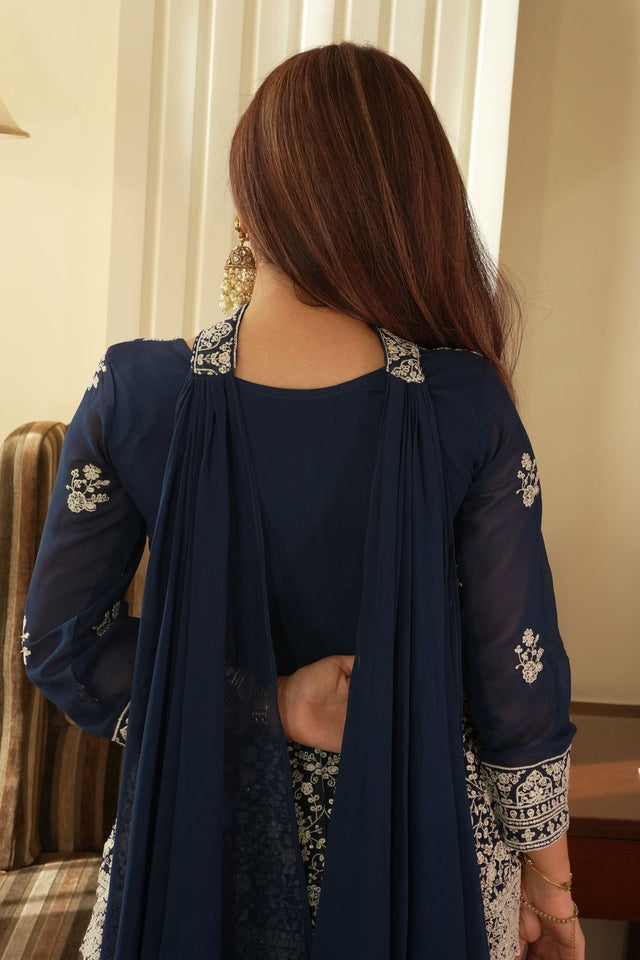 Blue Floral Embroidered Georgette Sharara Suit (LM-14- Blue)