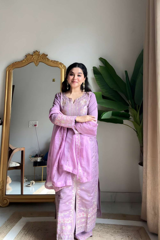Lavender Embroidered Silk Palazzo Suit Set