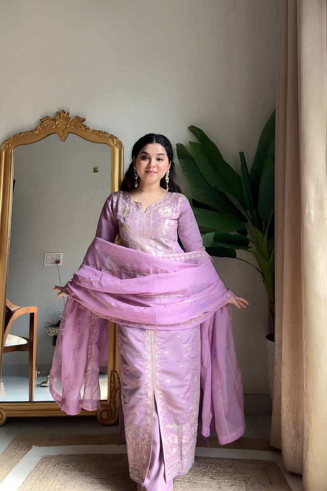 Lavender Embroidered Silk Palazzo Suit Set