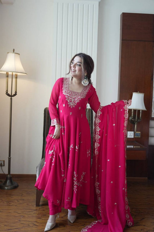 Pink Floral Embroidered Georgette Anarkali Suit (LM -12-Pink)