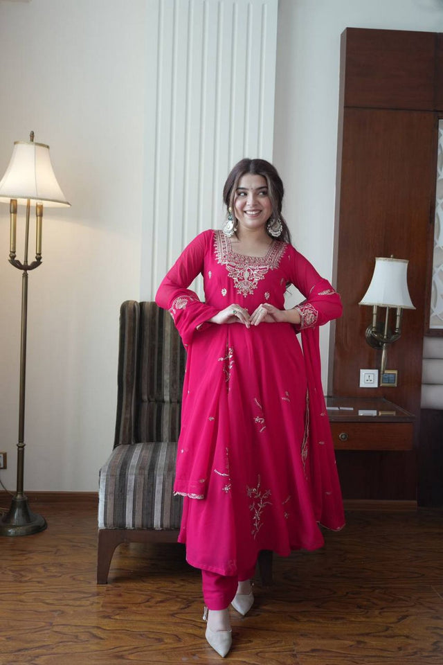 Pink Floral Embroidered Georgette Anarkali Suit (LM -12-Pink)