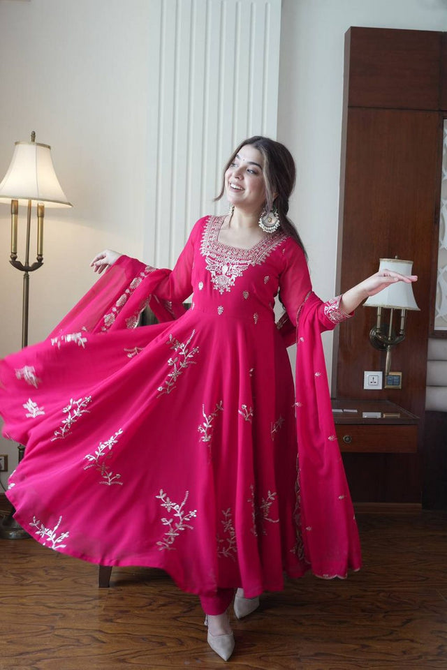 Pink Floral Embroidered Georgette Anarkali Suit (LM -12-Pink)