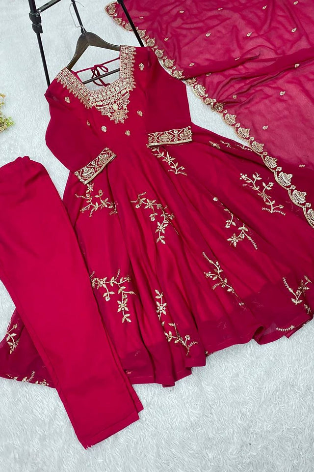 Pink Floral Embroidered Georgette Anarkali Suit (LM -12-Pink)