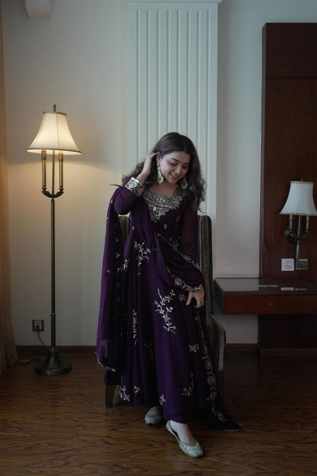 Wine Floral Embroidered Georgette Anarkali Suit (LM -12-Wine)