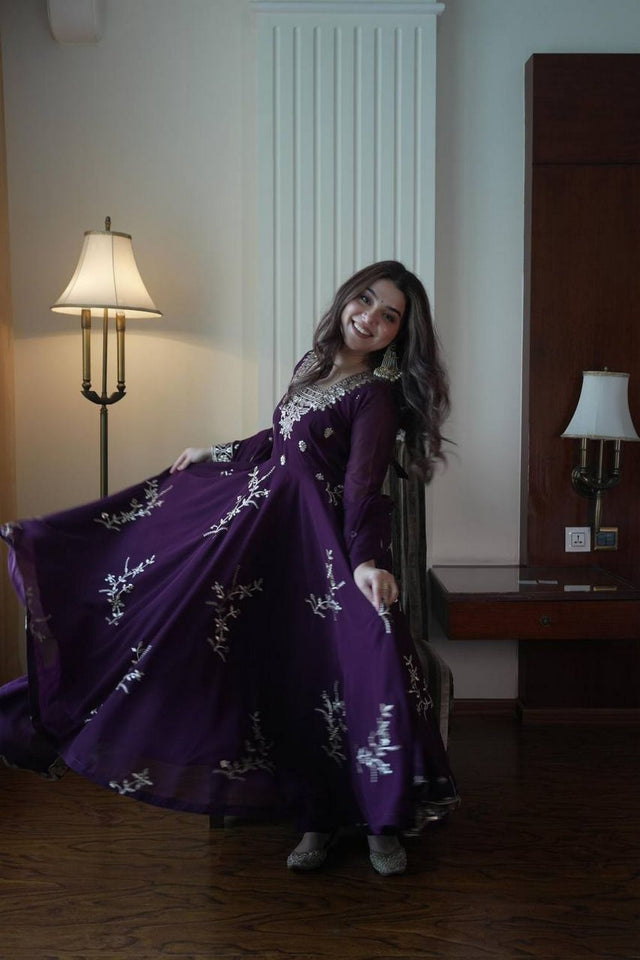 Wine Floral Embroidered Georgette Anarkali Suit (LM -12-Wine)