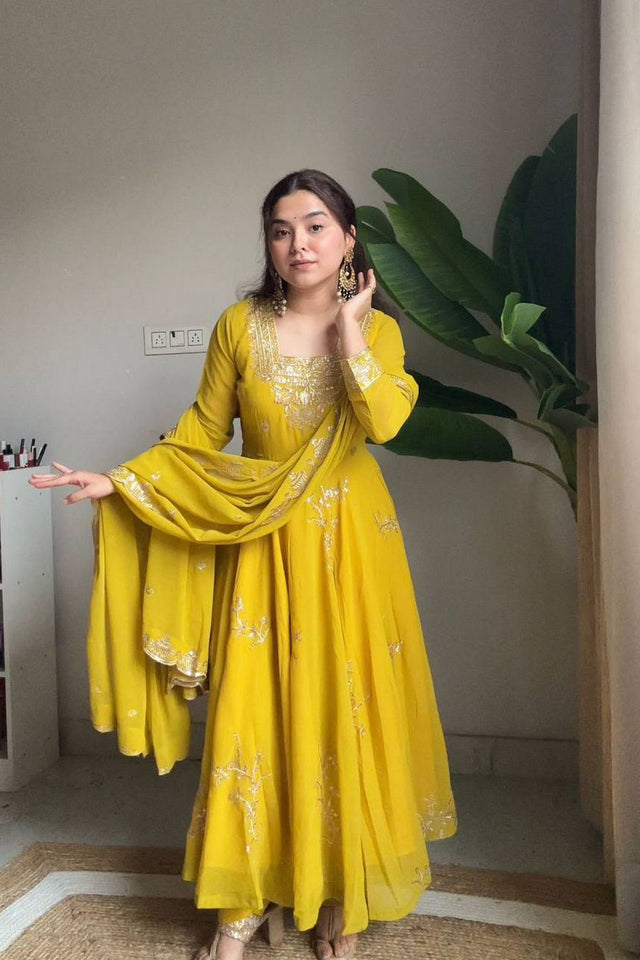 Yellow Floral Embroidered Georgette Anarkali Suit (LM -12-Yellow)