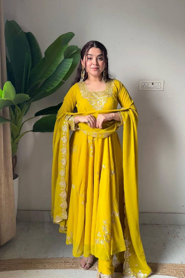 Yellow Floral Embroidered Georgette Anarkali Suit (LM -12-Yellow)