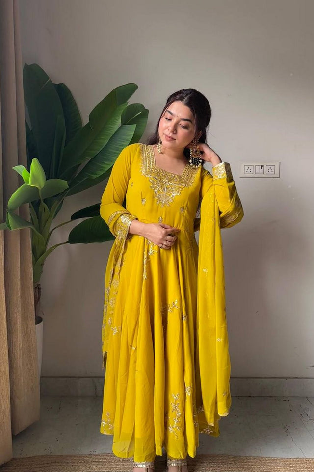 Yellow Floral Embroidered Georgette Anarkali Suit (LM -12-Yellow)