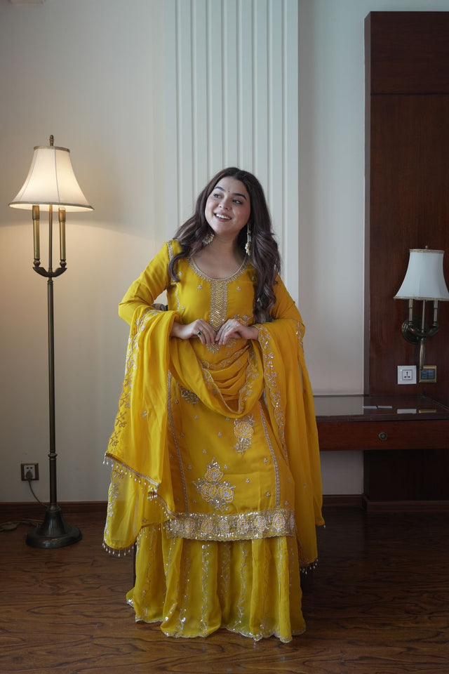 Yellow Beads Embossed Georgette Sharara Suit (LM -15-Yellow)