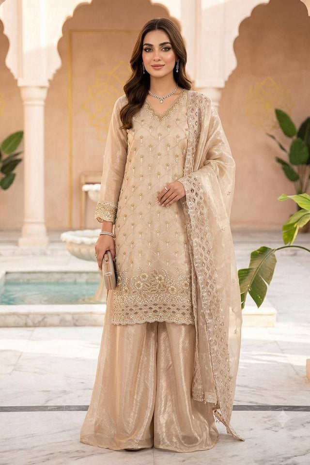 Beige Floral Embroidered Art Silk Sharara Suit (LM -17-Beige)