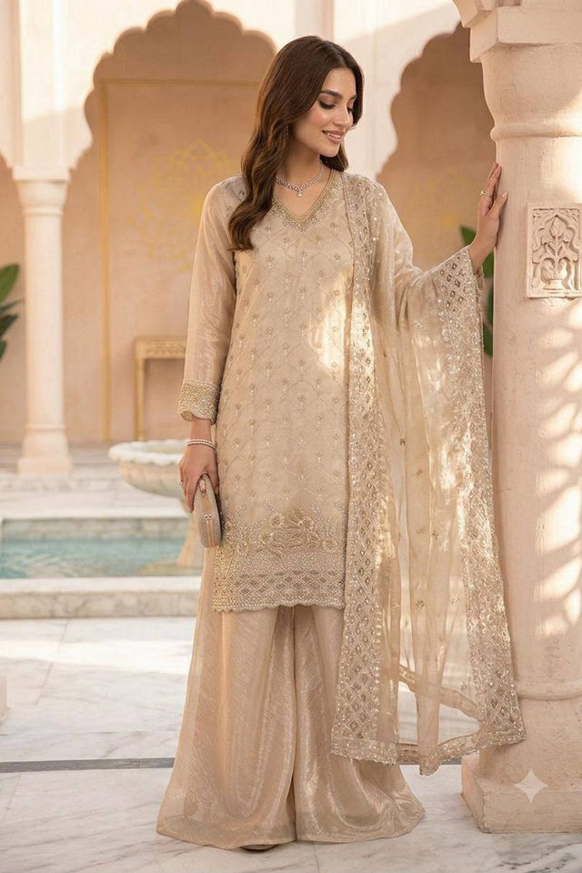 Beige Floral Embroidered Art Silk Sharara Suit (LM -17-Beige)