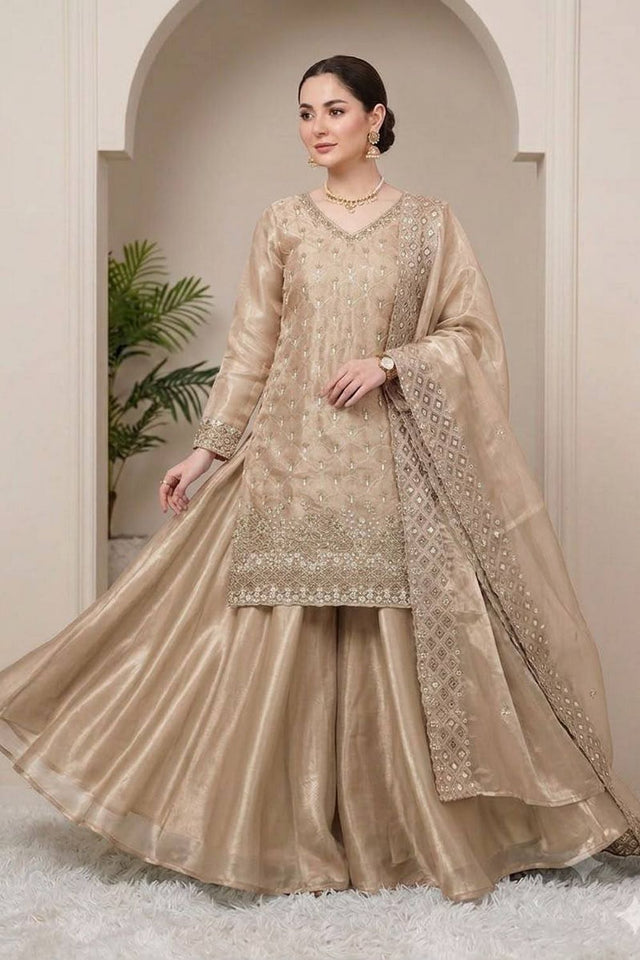 Beige Floral Embroidered Art Silk Sharara Suit (LM -17-Beige)