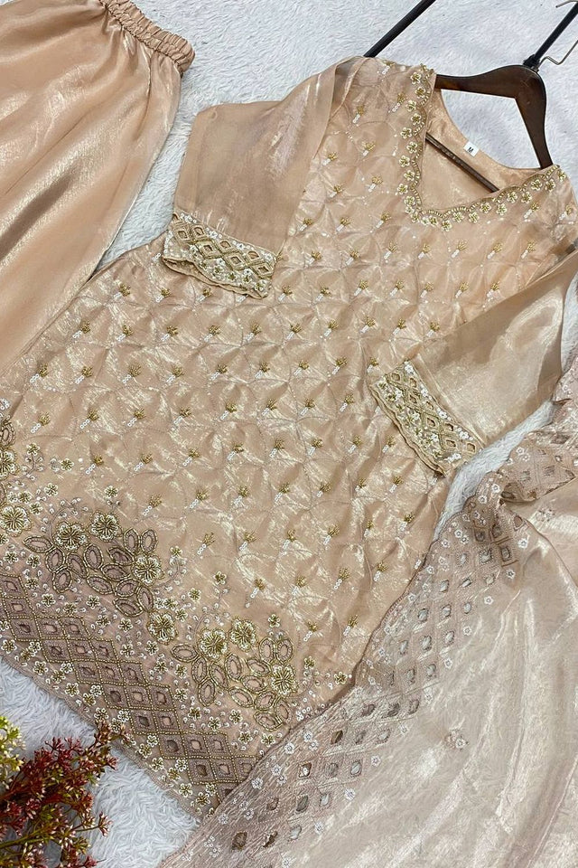 Beige Floral Embroidered Art Silk Sharara Suit (LM -17-Beige)