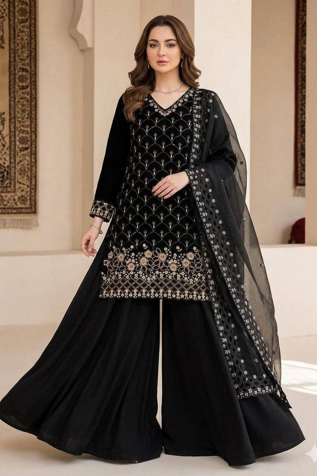 Black Floral Embroidered Art Silk Sharara Suit (LM -17-Black)