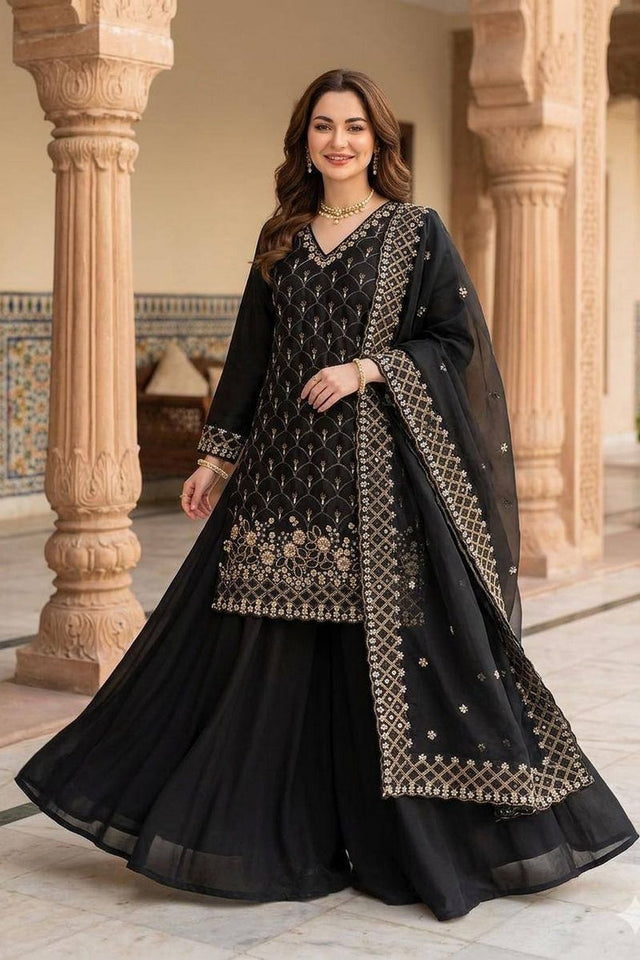 Black Floral Embroidered Art Silk Sharara Suit (LM -17-Black)