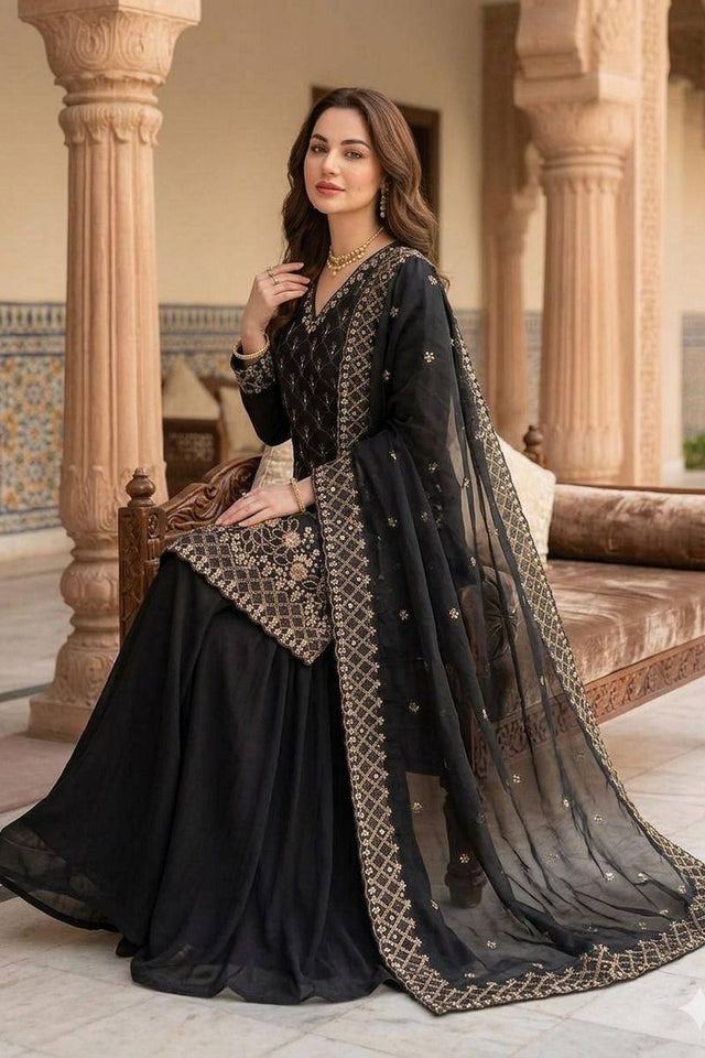 Black Floral Embroidered Art Silk Sharara Suit (LM -17-Black)
