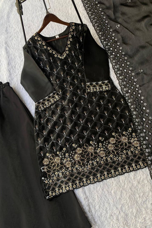 Black Floral Embroidered Art Silk Sharara Suit (LM -17-Black)