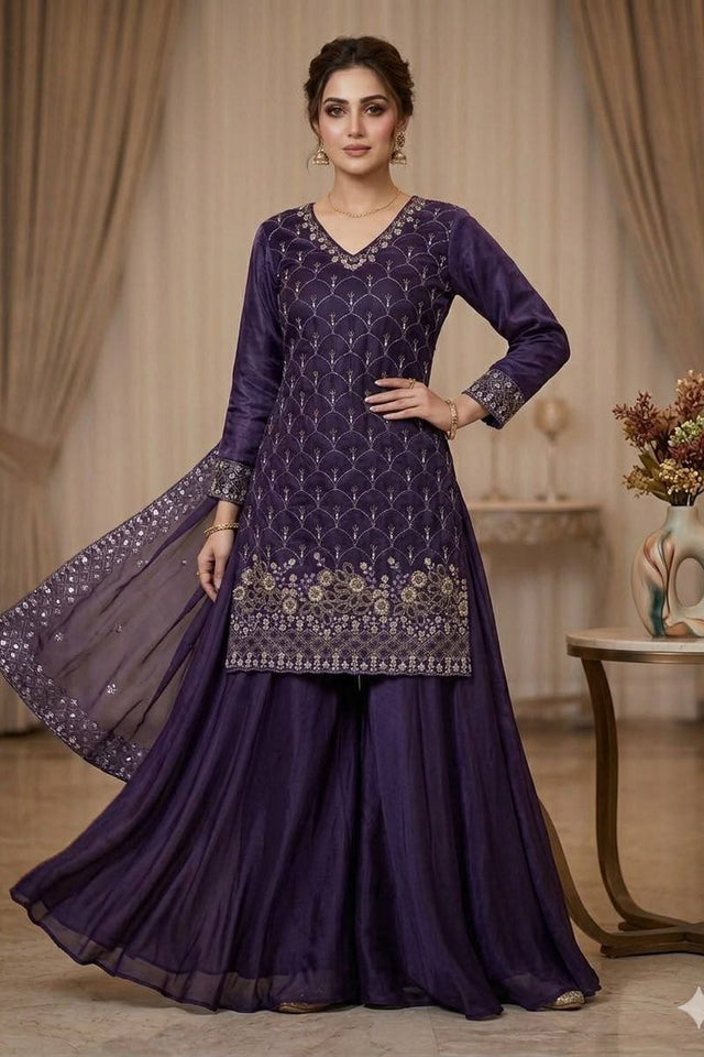 Blue Floral Embroidered Art Silk Sharara Suit (LM -17-Blue)