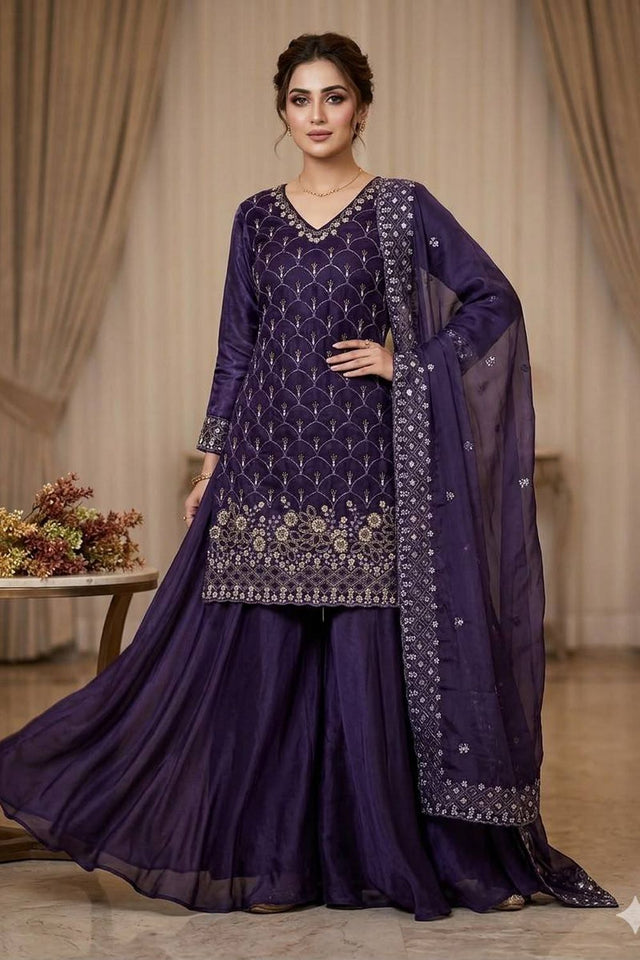 Blue Floral Embroidered Art Silk Sharara Suit (LM -17-Blue)