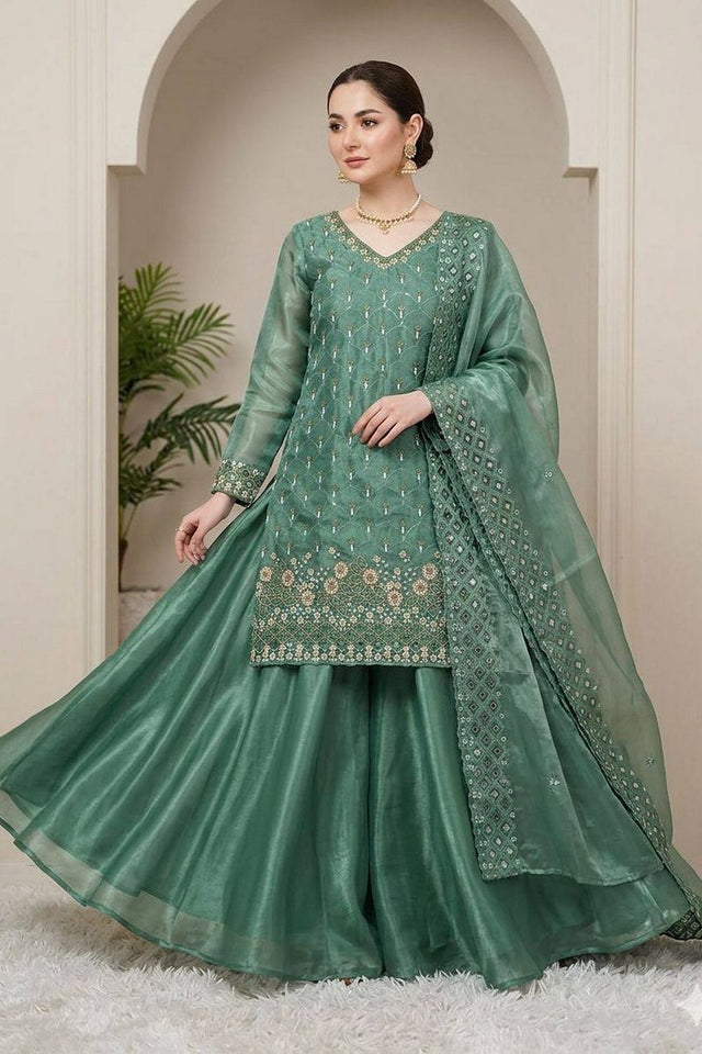 Sea Green Floral Embroidered Art Silk Sharara Suit (LM -17-SageGreen)