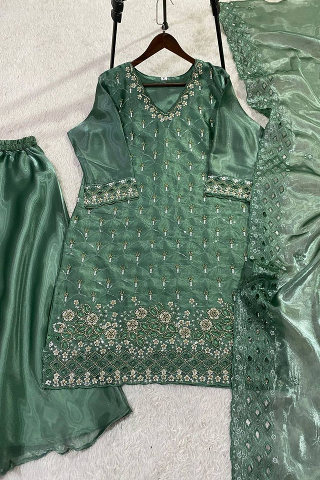 Sea Green Floral Embroidered Art Silk Sharara Suit (LM -17-SageGreen)
