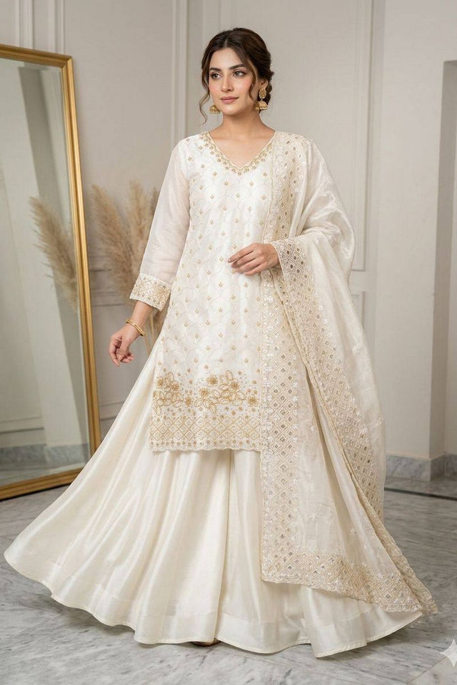 White Floral Embroidered Art Silk Sharara Suit (LM -17-White)